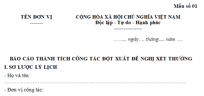 Mẫu Hồ sơ đề nghị thưởng đột xuất theo Quyết định 786