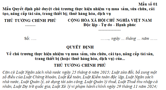 Mẫu Quyết định phê duyệt chủ trương mua sắm theo Nghị định 98