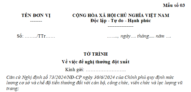 Hồ sơ đề nghị thưởng đột xuất