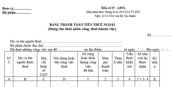 Mẫu 07-LĐTL Bảng thanh toán tiền thuê ngoài theo Thông tư 200 được quy định thế nào?