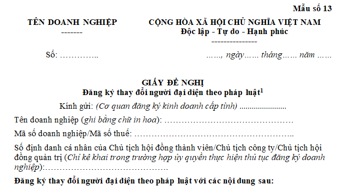 Mẫu số 13 Phụ lục I - Giấy đề nghị đăng ký thay đổi người đại diện theo pháp luật