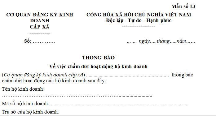 Mẫu số 13 Phụ lục II - Thông báo về việc chấm dứt hoạt động hộ kinh doanh