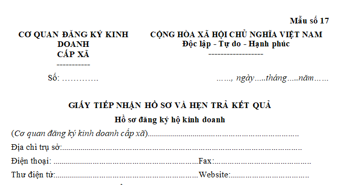 Mẫu số 17 - Giấy tiếp nhận hồ sơ và hẹn trả kết quả hồ sơ đăng ký hộ kinh doanh