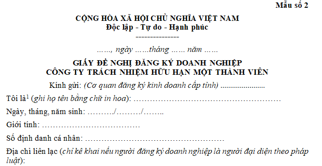 Mẫu số 2 Giấy đề nghị đăng ký doanh nghiệp - Công ty trách nhiệm hữu hạn một thành viên