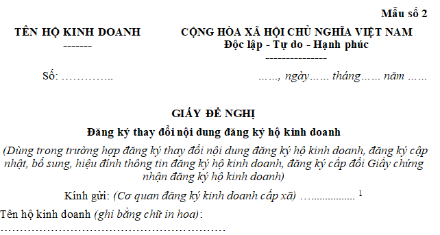 Mẫu số 2 Giấy đề nghị đăng ký thay đổi nội dung đăng ký hộ kinh doanh được quy định