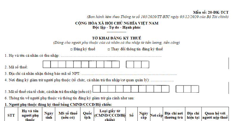 Mẫu Tờ khai đăng ký thuế dùng cho người phụ thuộc của cá nhân có thu nhập từ tiền lương, tiền công?