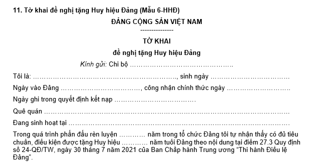 Mẫu tờ khai đề nghị tặng Huy hiệu Đảng