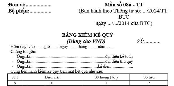 Bảng kiểm kê quỹ (dùng cho VND) - Mẫu số 08a-TT