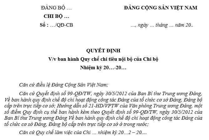 Mẫu Quy chế chi tiêu nội bộ của chi bộ? Tải về Quy chế chi tiêu của chi bộ? Quy chế chi tiêu nội bộ của chi bộ là gì?