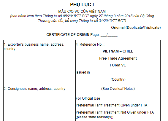 Mẫu CO form VC của Việt Nam là mẫu nào?