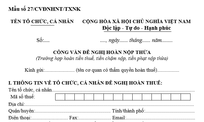 Mẫu Công văn đề nghị hoàn tiền nộp thừa thuế xuất nhập khẩu trong các trường hợp hoàn tiền thuế, tiền chậm nộp, tiền phạt nộp thừa?