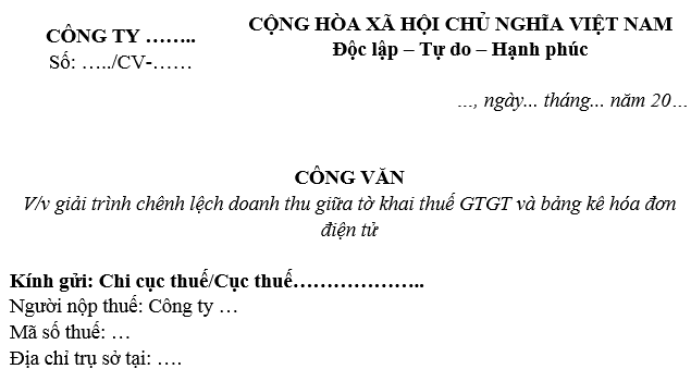 Mẫu công văn giải trình chênh lệch doanh thu