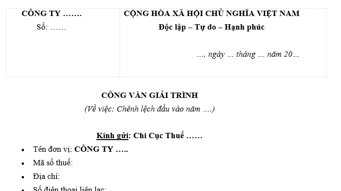 Mẫu Công văn giải trình chênh lệch thuế GTGT đầu vào