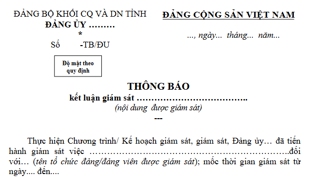 Mẫu Thông báo kết luận giám sát chuyên đề của Đảng ủy cơ sở