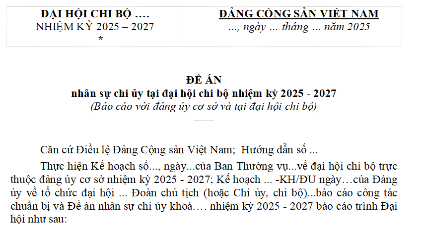 Mẫu Đề án nhân sự Đại hội chi bộ 2025 - 2027 mới nhất