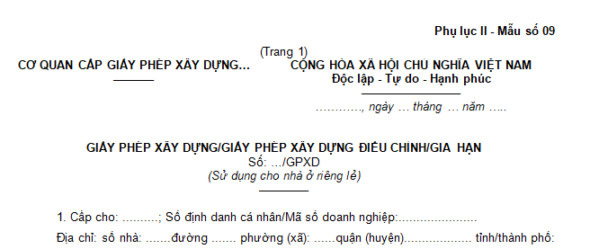 Mẫu Giấy phép xây dựng nhà ở riêng lẻ mới nhất