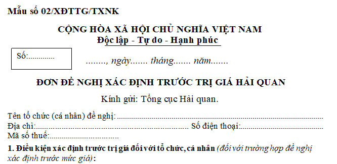 Đơn đề nghị xác định trước trị giá hải quan hàng hóa xuất nhập khẩu