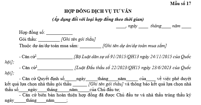 Mẫu hợp đồng dịch vụ tư vấn áp dụng đối với loại hợp đồng theo thời gian mới nhất?