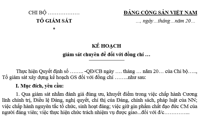 Mẫu Kế hoạch giám sát chuyên đề đối với đảng viên của chi bộ