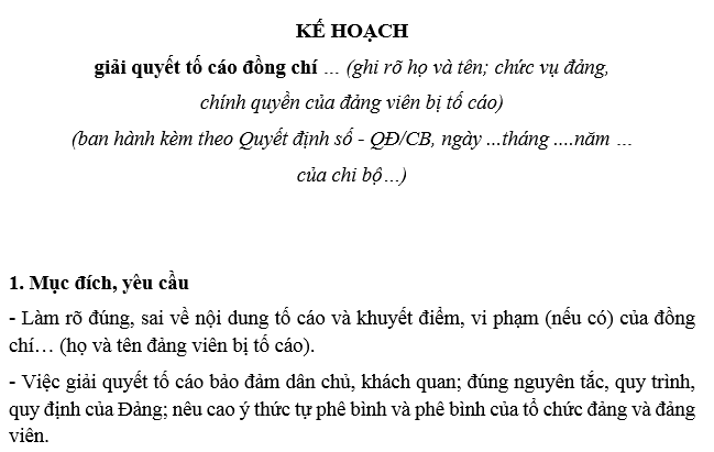 Mẫu Kế hoạch giải quyết tố cáo đảng viên của chi bộ