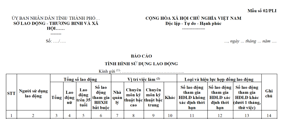 Mẫu báo cáo tình hình sử dụng lao động do Sở Lao động Thương binh và Xã hội lập