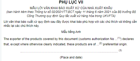 Mẫu lời văn khai báo xuất xứ của nhà xuất khẩu theo Hiệp định UKVFTA? 