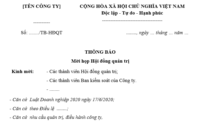 Mẫu giấy mời họp Hội đồng quản trị