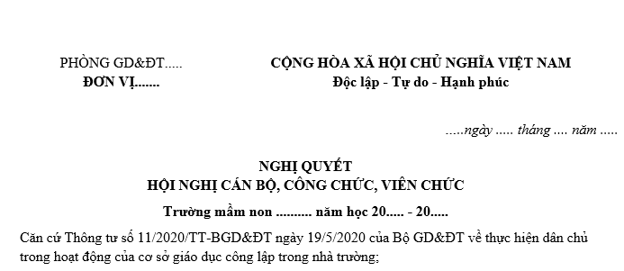 Mẫu Nghị quyết Hội nghị viên chức trường mầm non? 