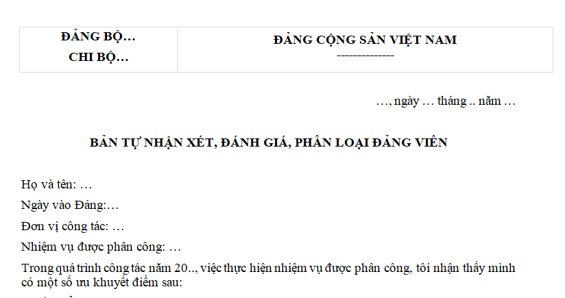 Mẫu bản tự nhận xét đánh giá và phân loại đảng viên mới nhất?