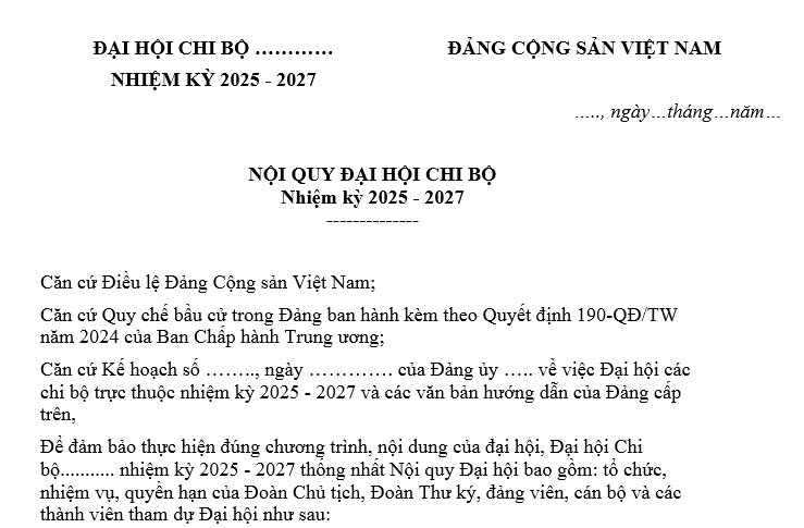 Mẫu Nội quy đại hội chi bộ nhiệm kỳ 25 27? Tải về Nội quy đại hội chi bộ nhiệm kỳ 25 27 mới nhất?