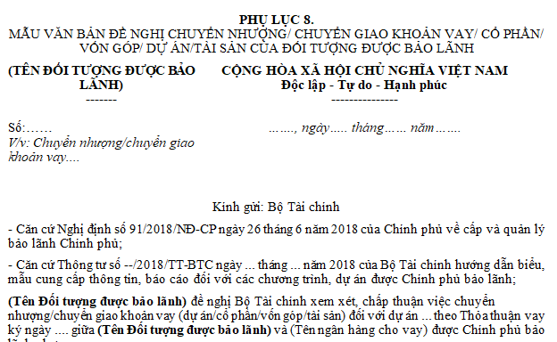 Mẫu văn bản đề nghị chuyển giao khoản vay được Chính phủ bảo lãnh của doanh nghiệp