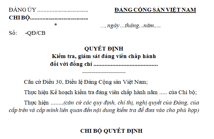 Mẫu quyết định kiểm tra, giám sát Đảng viên của chi bộ?