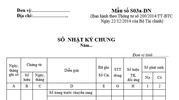 Mẫu Sổ Nhật ký chung theo Thông tư 200.