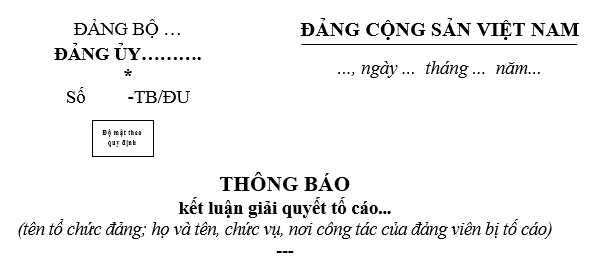 Mẫu Thông báo kết luận giải quyết tố cáo đảng viên