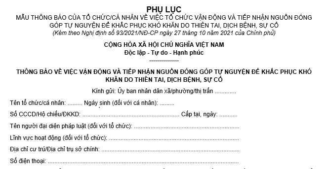 Mẫu thông báo vận động và tiếp nhận ủng hộ đồng bào Miền Bắc bị thiệt hại do bão lũ đối với tổ chức?