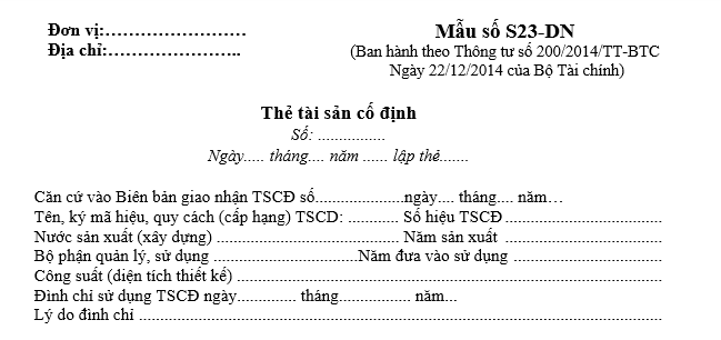 Mẫu Thẻ tài sản cố định theo Thông tư 200