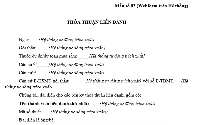 Mẫu thỏa thuận liên danh đối với gói thầu dịch vụ tư vấn theo phương thức một giai đoạn hai túi hồ sơ?