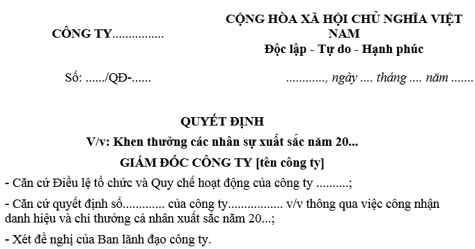 Mẫu Quyết định khen thưởng nhân viên xuất sắc dịp Tết cuối năm?