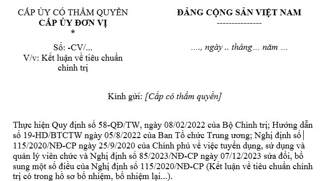 Mẫu Đề nghị kết luận về tiêu chuẩn chính trị của cấp có thẩm quyền