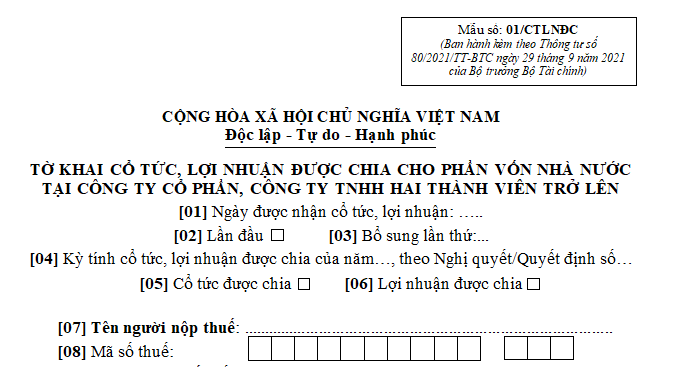 Mẫu Tờ khai cổ tức, lợi nhuận được chia cho phần vốn nhà nước tại công ty cổ phần, công ty TNHH hai thành viên trở lên?