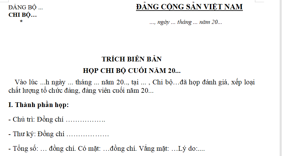 Mẫu trích biên bản họp chi bộ cuối năm