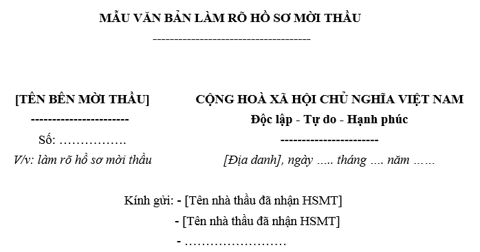 Mẫu văn bản trả lời làm rõ hồ sơ mời thầu mới nhất