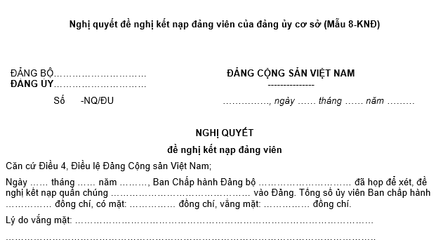 Nghị quyết đề nghị kết nạp đảng viên Mẫu 8 KNĐ của đảng ủy cơ sở?