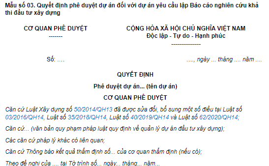 Mẫu Quyết định phê duyệt dự án đối với dự án yêu cầu lập Báo cáo nghiên cứu khả thi đầu tư xây dựng