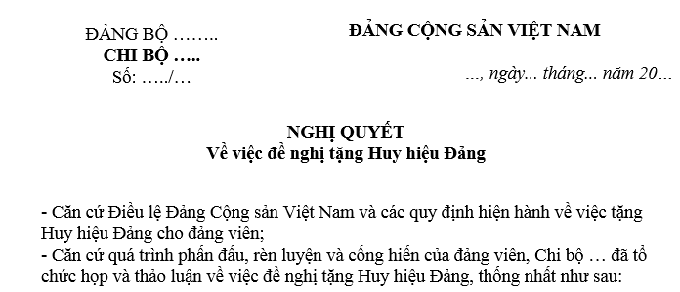 Mẫu nghị quyết chi bộ đề nghị tặng Huy hiệu Đảng