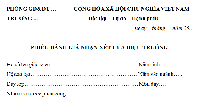 Bản nhận xét đánh giá giáo viên của hiệu trưởng