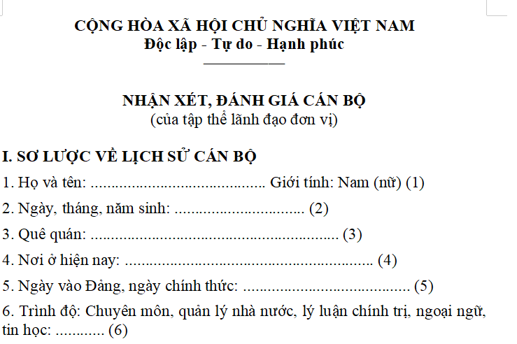 Mẫu nhận xét đánh giá cán bộ của tập thể lãnh đạo cơ quan mới nhất