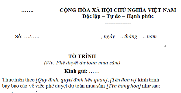  Mẫu tờ trình phê duyệt dự toán mua sắm