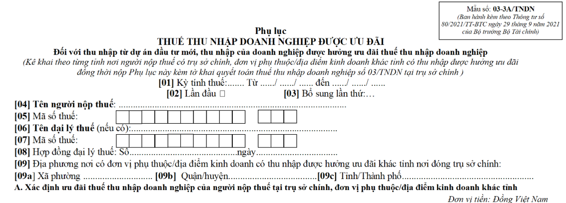 Phụ lục 03 3A TNDN ban hành kèm Thông tư 80