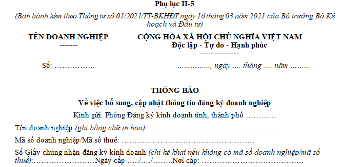 Mẫu Phụ lục II 5 thay đổi CCCD trên giấy phép kinh doanh mới nhất